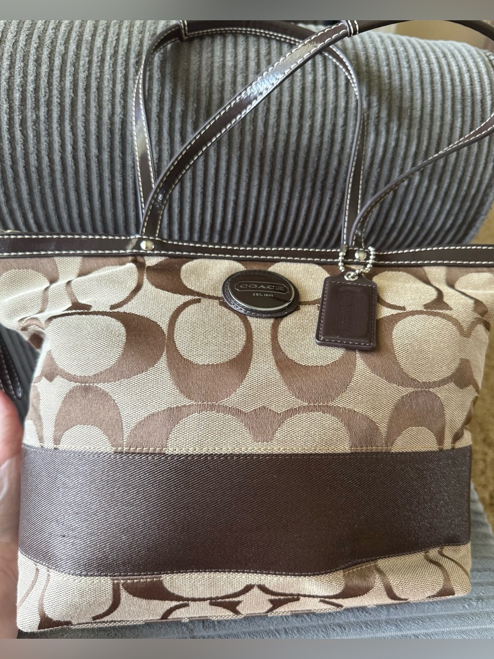 Coach Brown and Cream Signature Large C Jacquard Tote Bag Canvas Striped